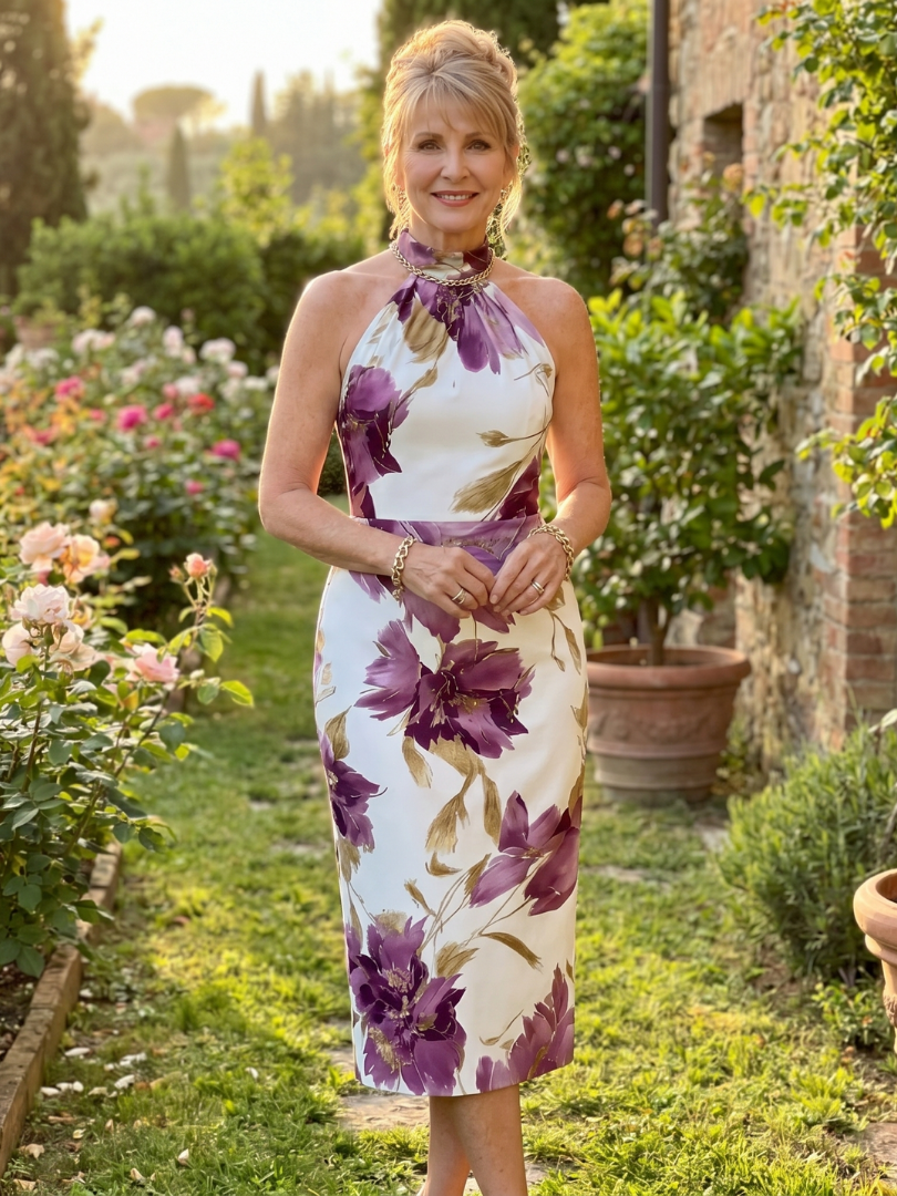 Zinnara | Halter Nek Bloemenprint Midi Jurk