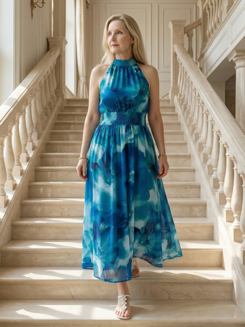 Sylin | Geplooide Halter Midi Jurk
