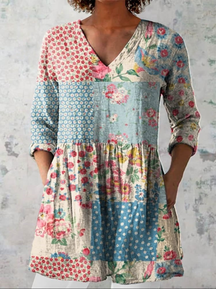 Emily | Bloemen Patchwork V-hals Shirt