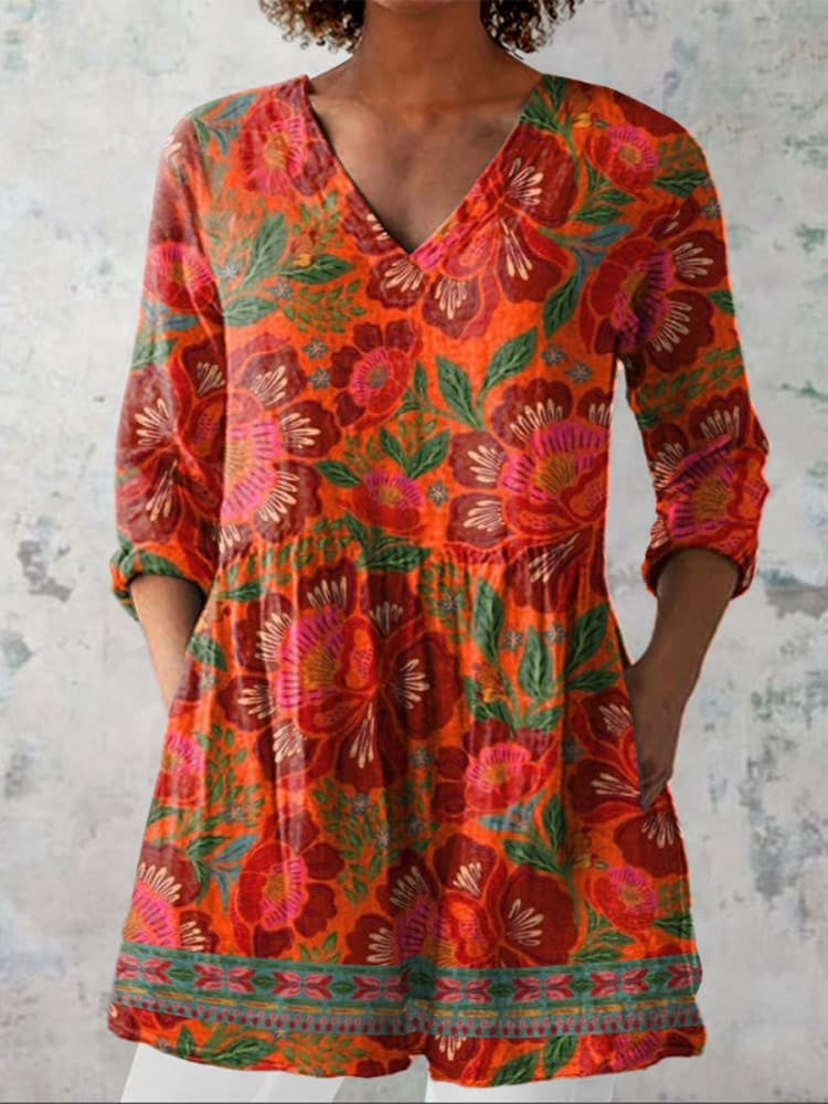 Aubrey | Etnische Zomer Bloemen V-Hals Shirt
