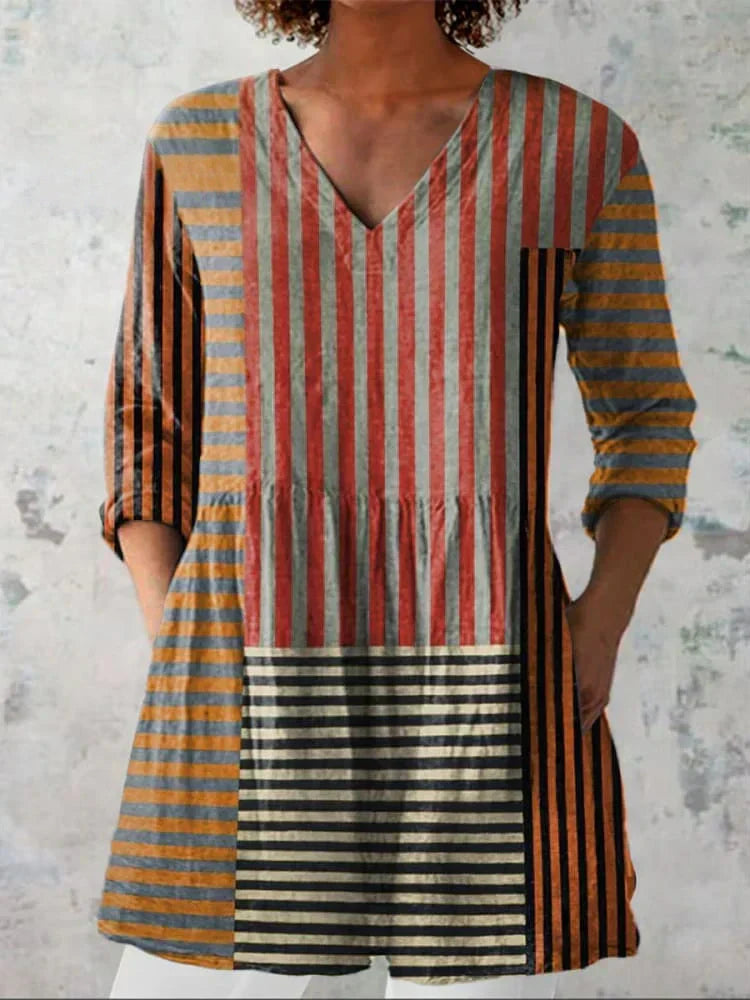 Avery | Gestreepte Patchwork V-hals Shirt
