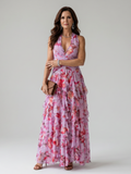 Nori | Halter Nek Rimpel Bodice Bloemen Maxi Jurk