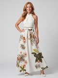 Weide | Gedrapeerde Halter Botanische Paneel Maxi Jurk