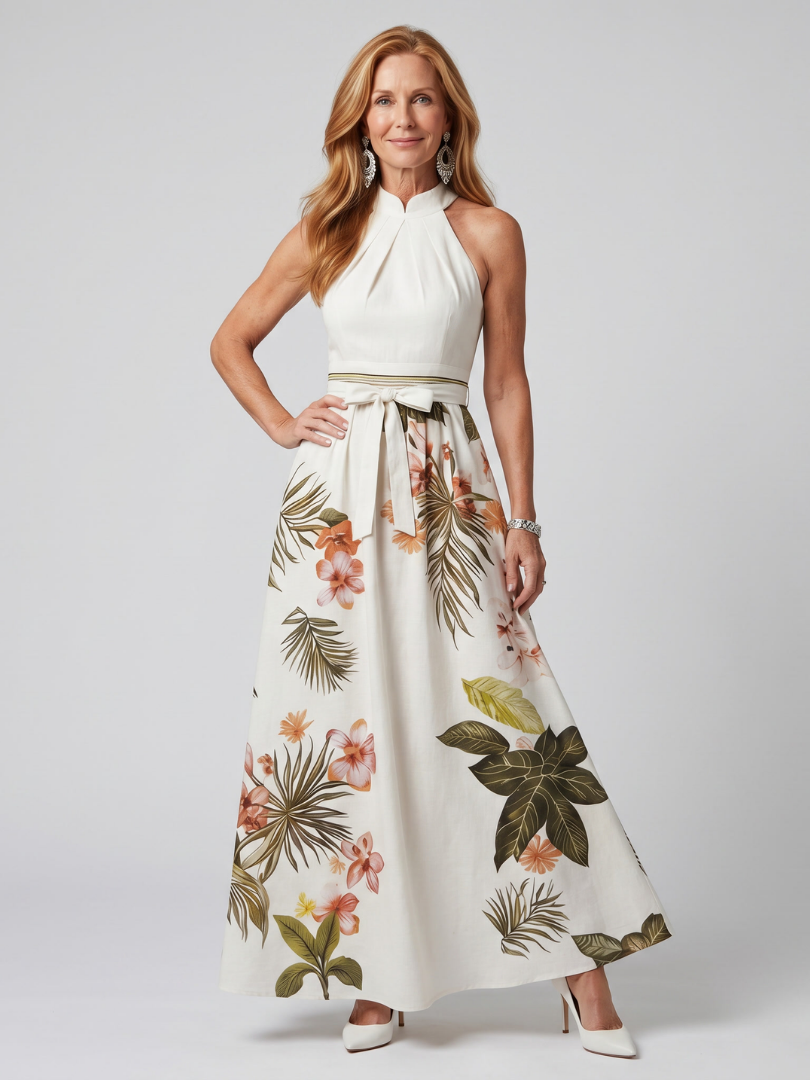 Weide | Gedrapeerde Halter Botanische Paneel Maxi Jurk