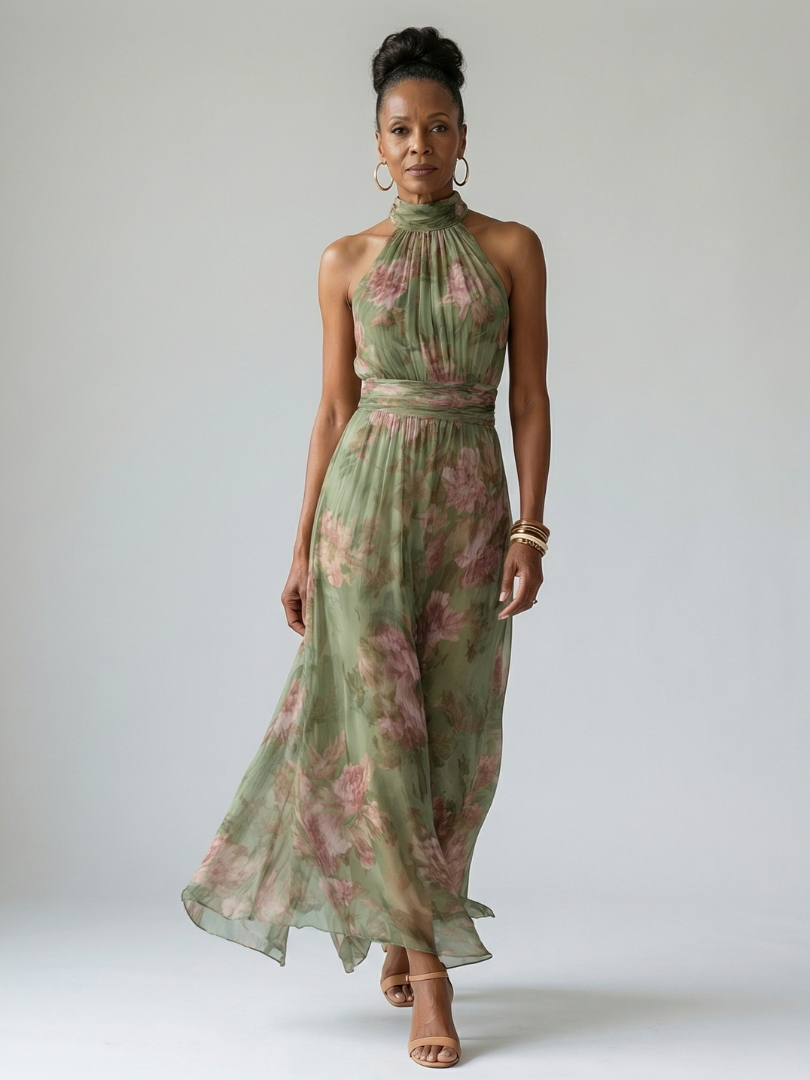Mirelle | Geplooide Halter Midi Jurk