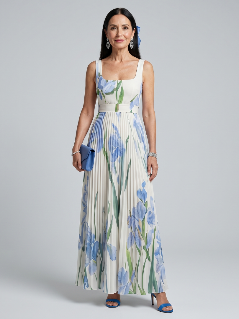 Ophelia | Mouwloze Midi-jurk met Vierkante Hals en Bloemenprint