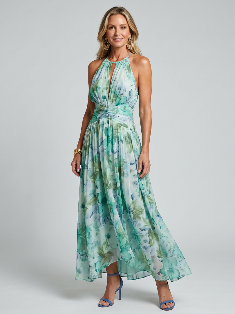 Portia | Geplooide Halter Zachte Bloemenpatroon Midi-jurk