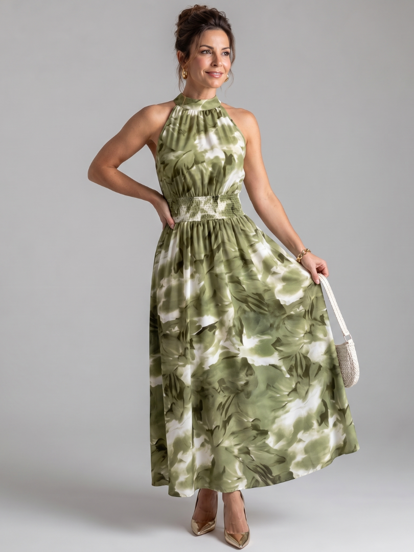 Olivia | Geplooide Taille Abstracte Print Midi Jurk