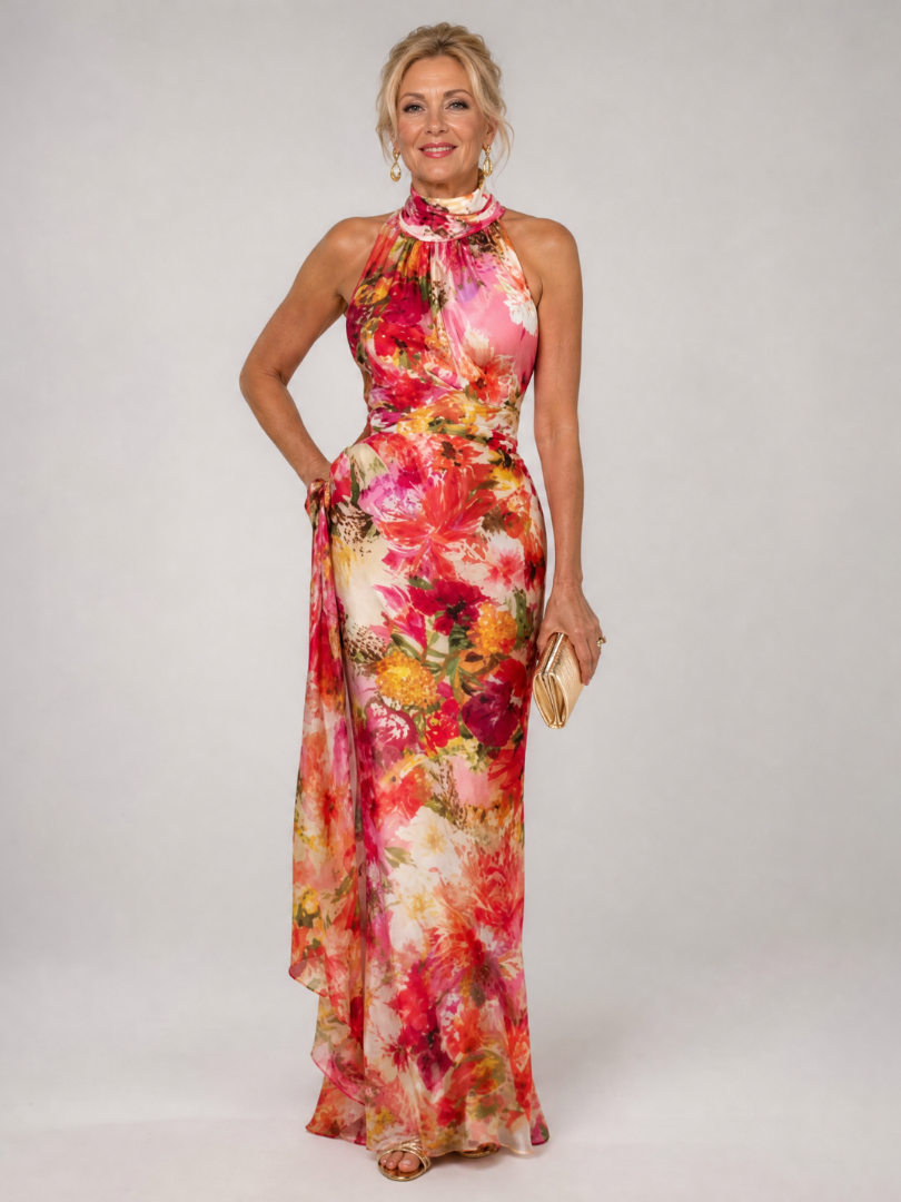 Elisabetta | Halter Nek Bloemenprint Maxi Jurk
