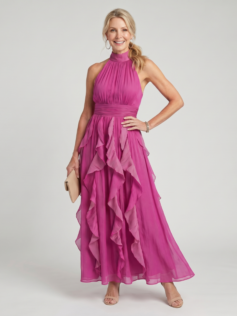 Orea | Maxi-jurk met hoge hals en geplooide ruffle-lagen