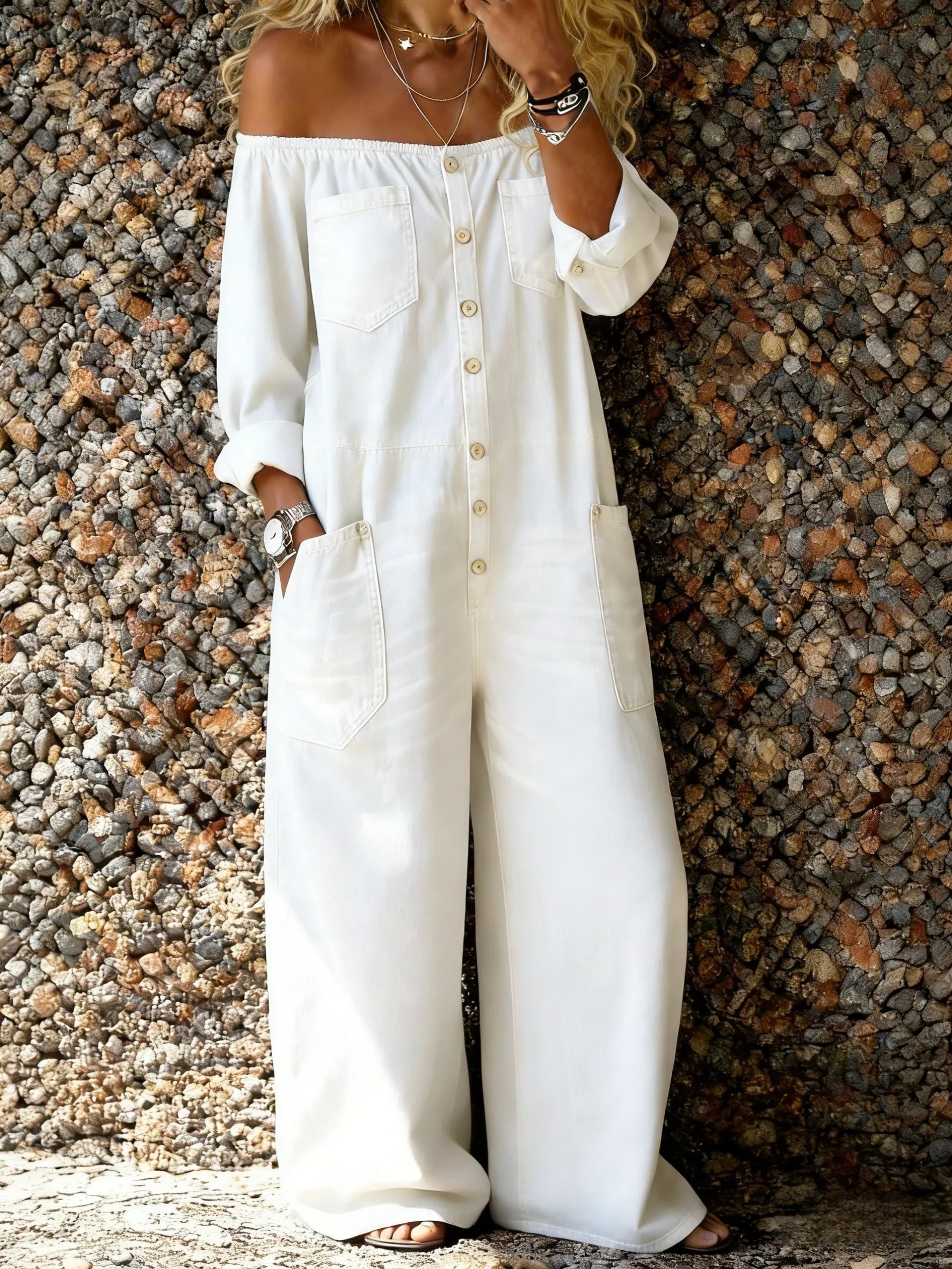Noa | Denim Jumpsuit met Off-Shoulder Halslijn