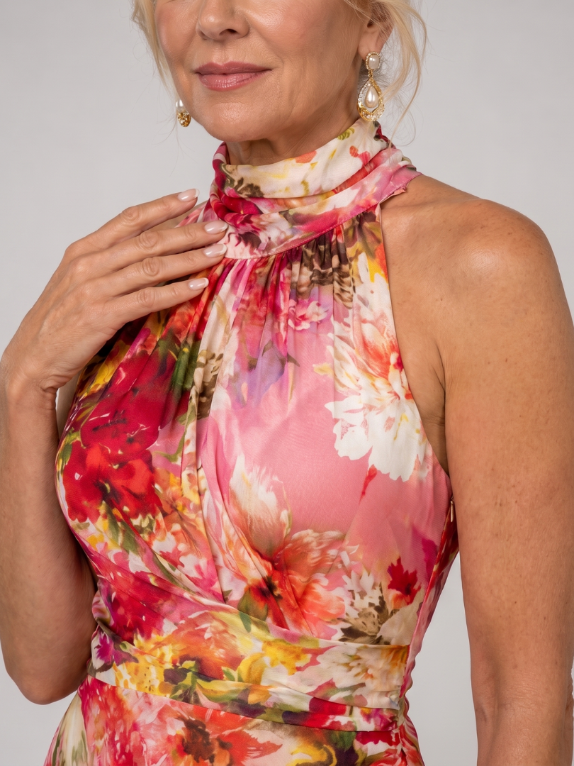 Elisabetta | Halter Nek Bloemenprint Maxi Jurk