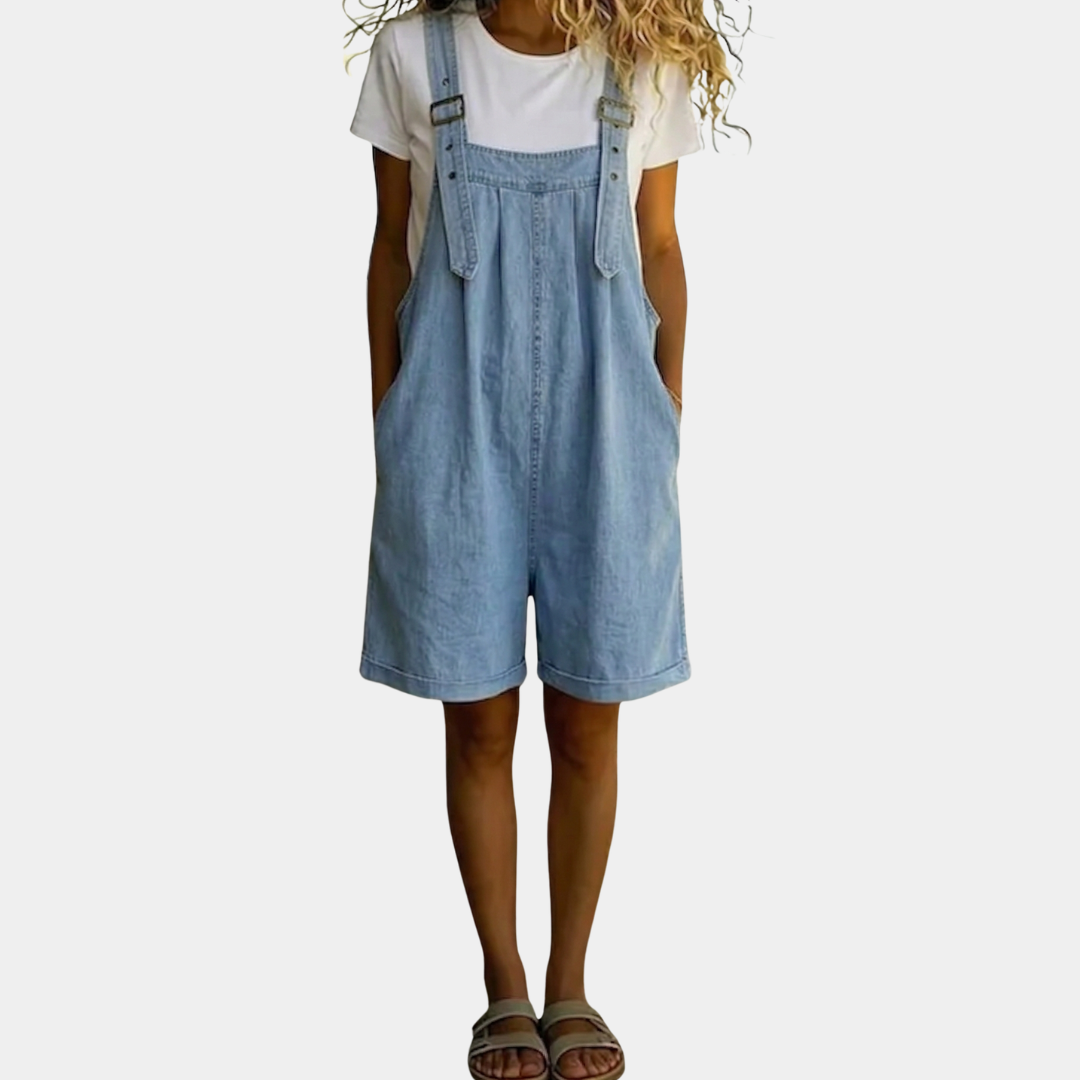 Michelle - Vintage Gewassen Zachte Katoen Voel Denim Korte Overall Lichtblauw