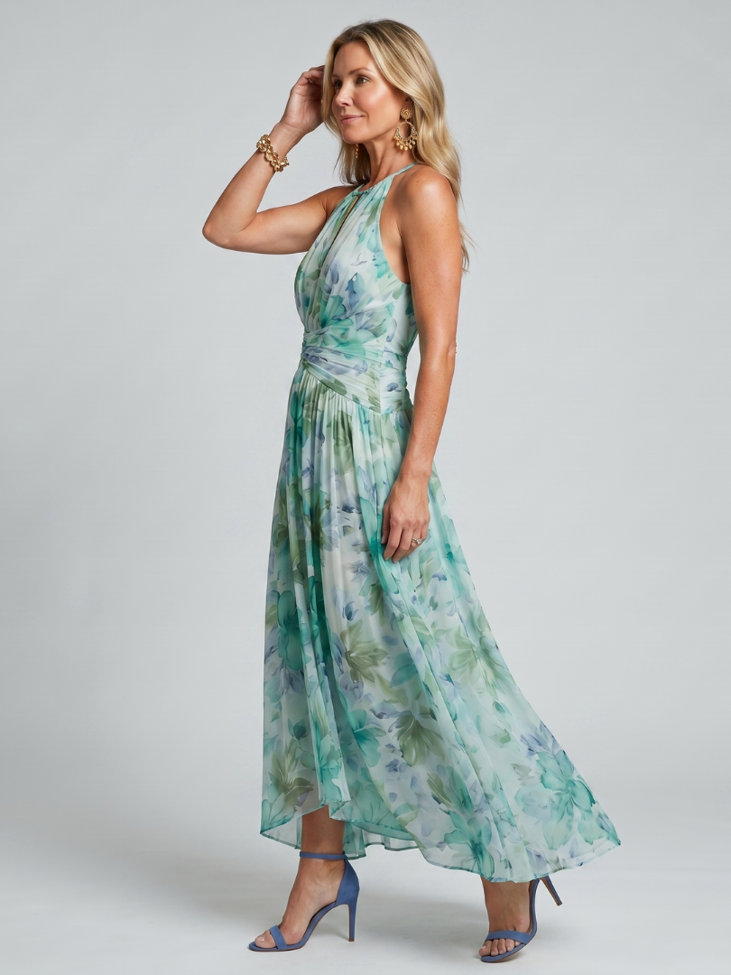 Portia | Geplooide Halter Zachte Bloemenpatroon Midi-jurk