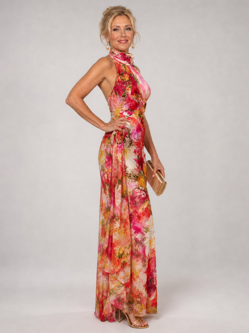 Elisabetta | Halter Nek Bloemenprint Maxi Jurk
