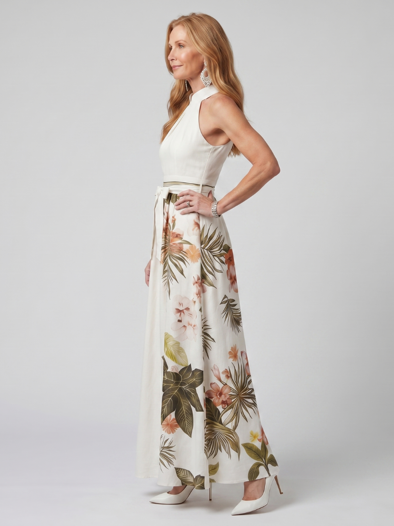 Weide | Gedrapeerde Halter Botanische Paneel Maxi Jurk