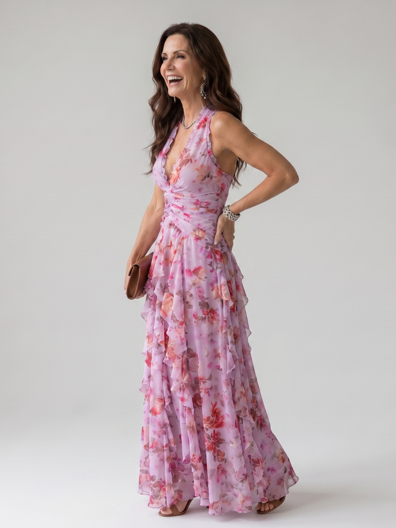 Nori | Halter Nek Rimpel Bodice Bloemen Maxi Jurk