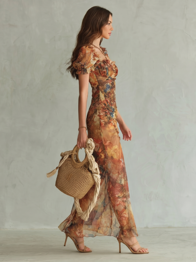 Ciel | Rimpel Mouw Rimpel Split Midi Jurk