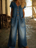 Denise | Denim Jumpsuit met V-hals en Korte Mouwen