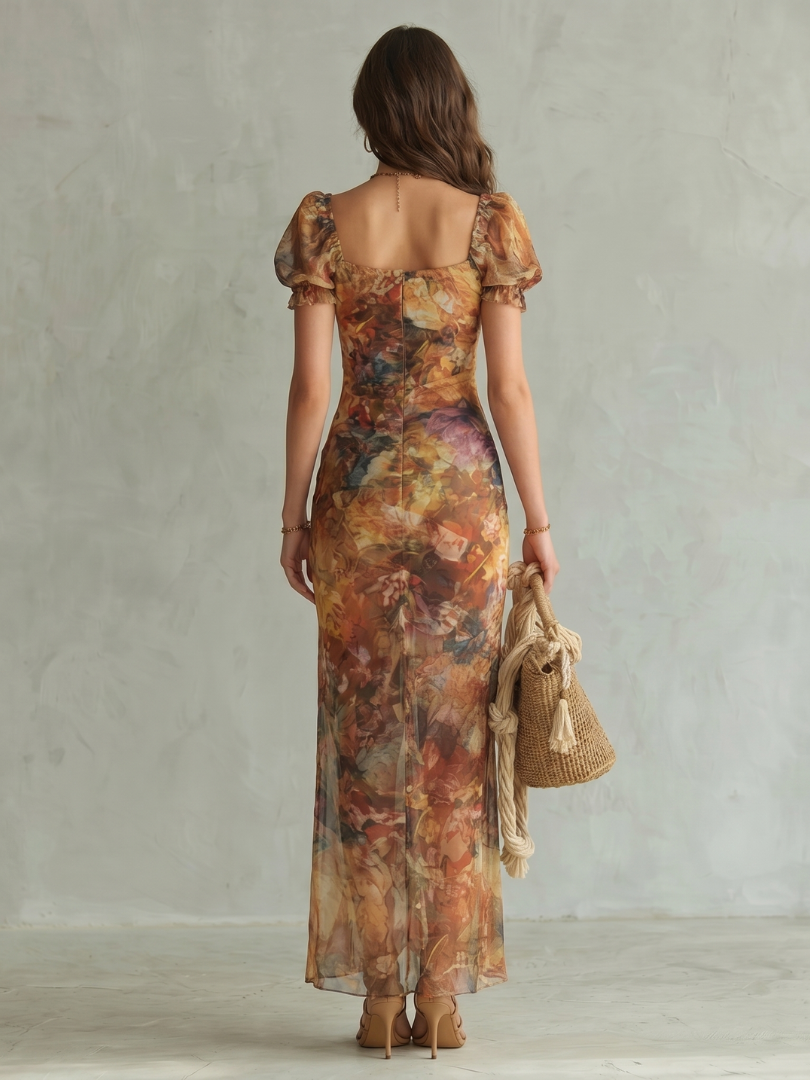 Ciel | Rimpel Mouw Rimpel Split Midi Jurk