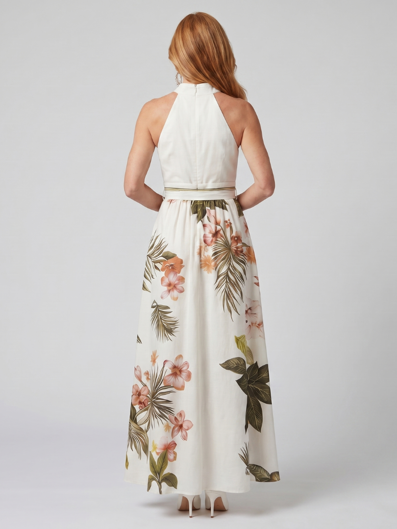 Weide | Gedrapeerde Halter Botanische Paneel Maxi Jurk