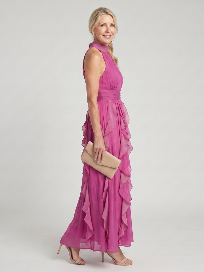 Orea | Maxi-jurk met hoge hals en geplooide ruffle-lagen