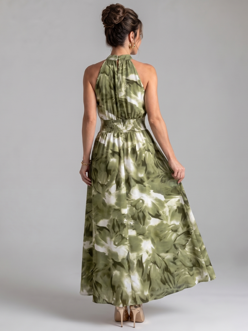 Olivia | Geplooide Taille Abstracte Print Midi Jurk