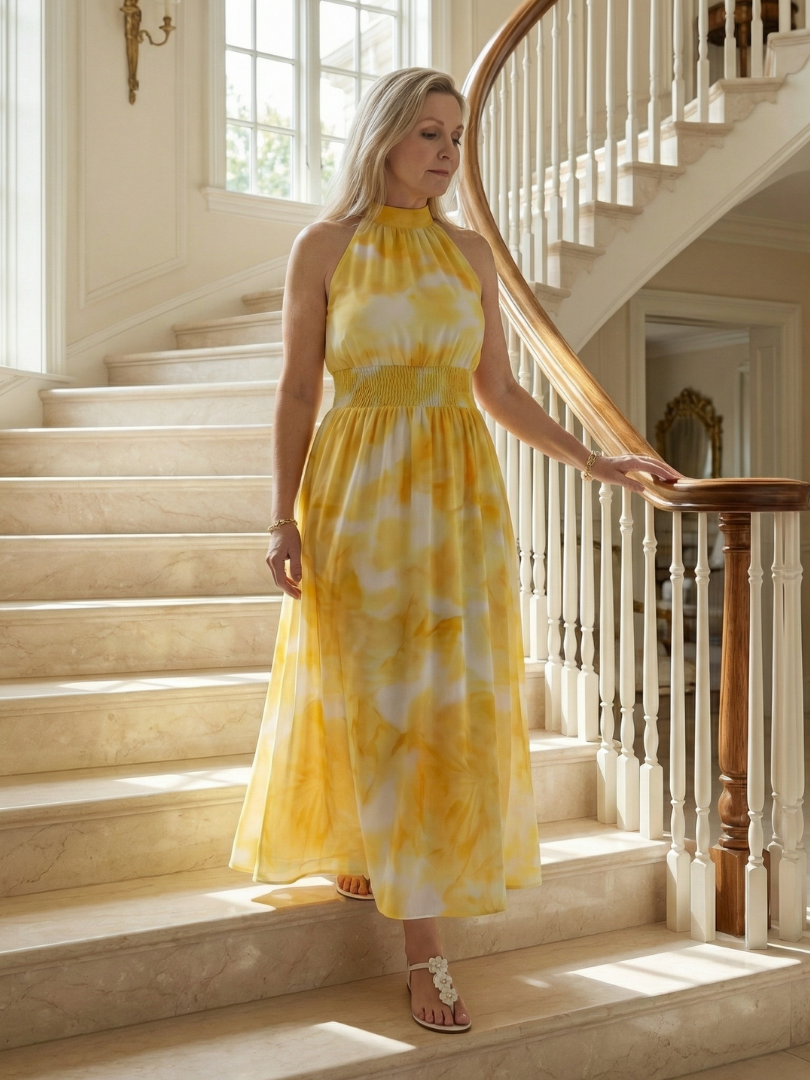 Sylin | Geplooide Halter Midi Jurk