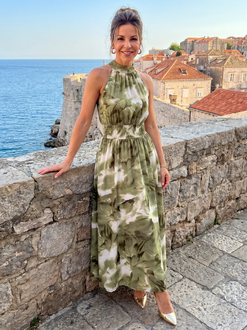 Olivia | Geplooide Taille Abstracte Print Midi Jurk