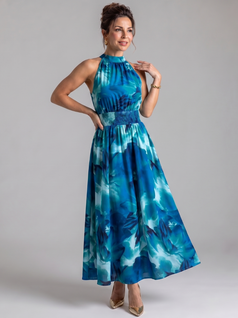 Olivia | Geplooide Taille Abstracte Print Midi Jurk