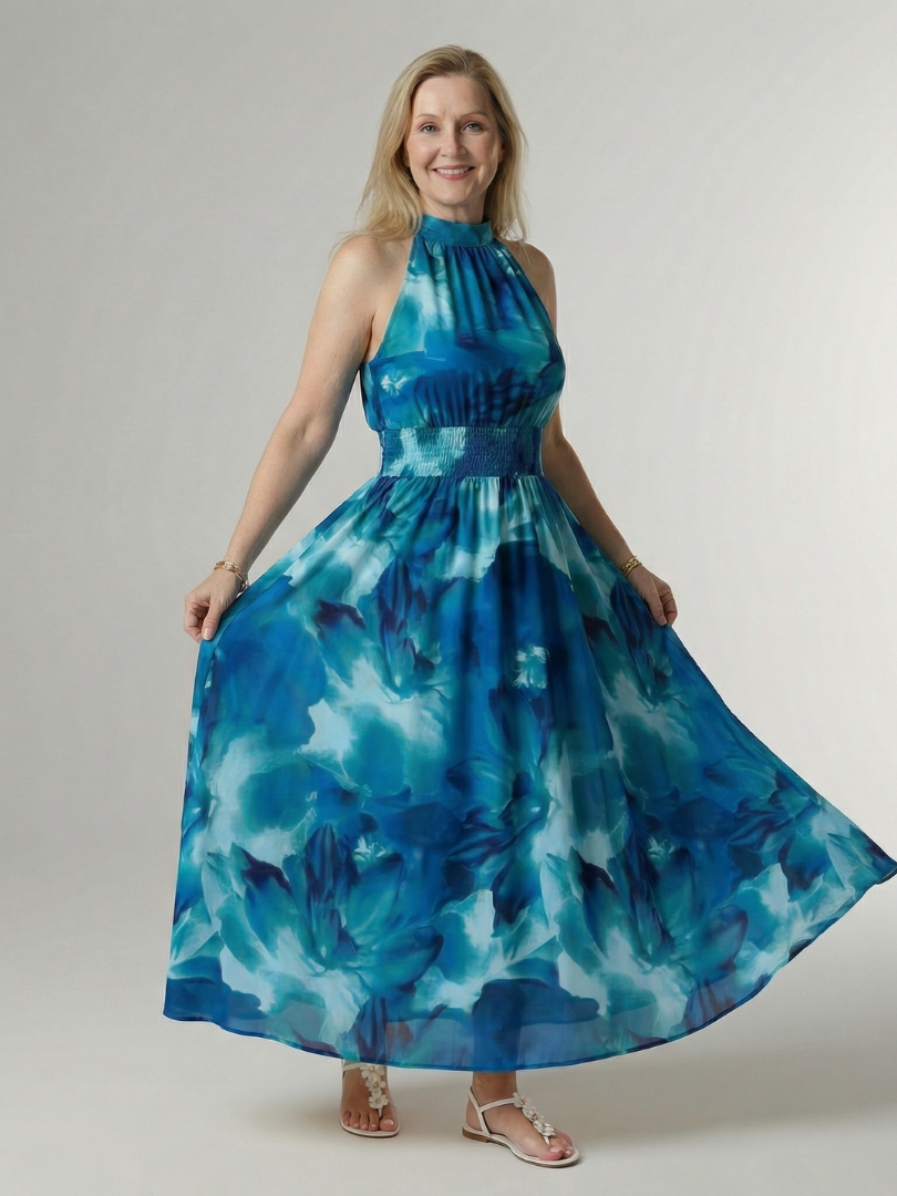 Sylin | Geplooide Halter Midi Jurk