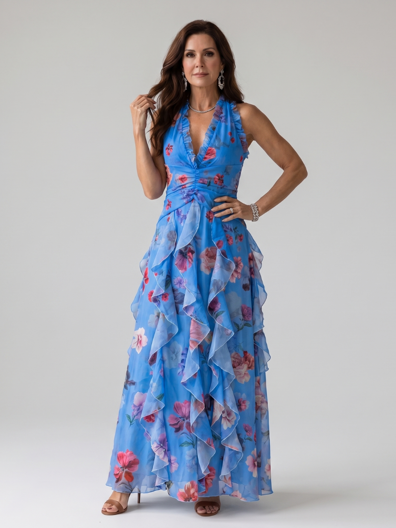 Nori | Halter Nek Rimpel Bodice Bloemen Maxi Jurk