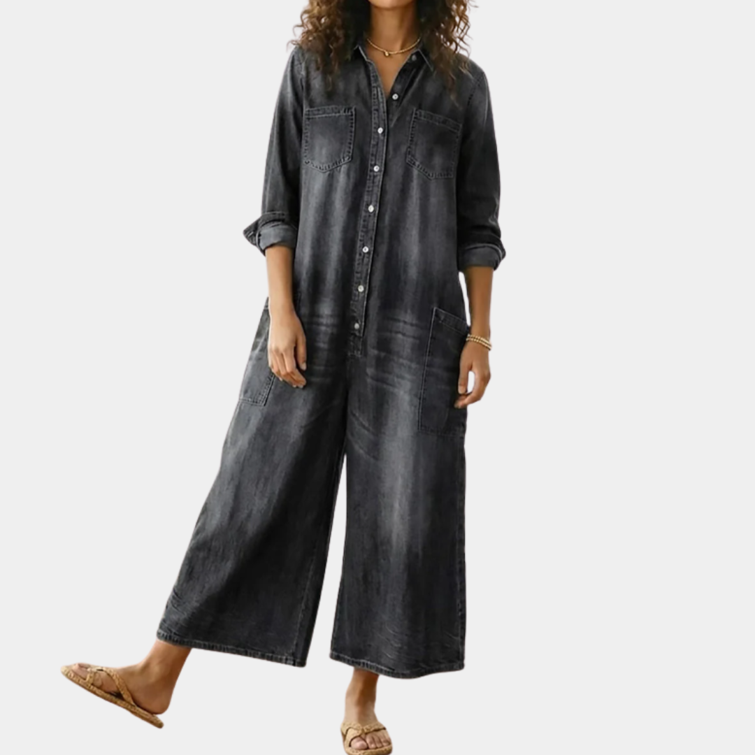 Saylor - Vintage Gewassen Zachte Katoenen Denim Jumpsuit met Knopsluiting
