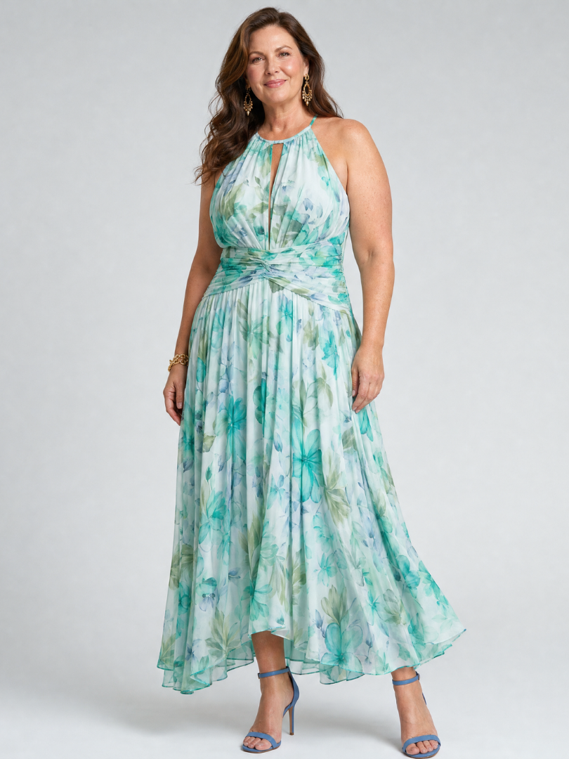 Portia | Geplooide Halter Zachte Bloemenpatroon Midi-jurk