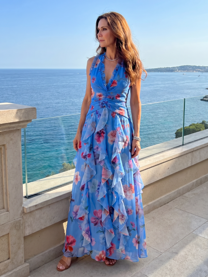 Nori | Halter Nek Rimpel Bodice Bloemen Maxi Jurk