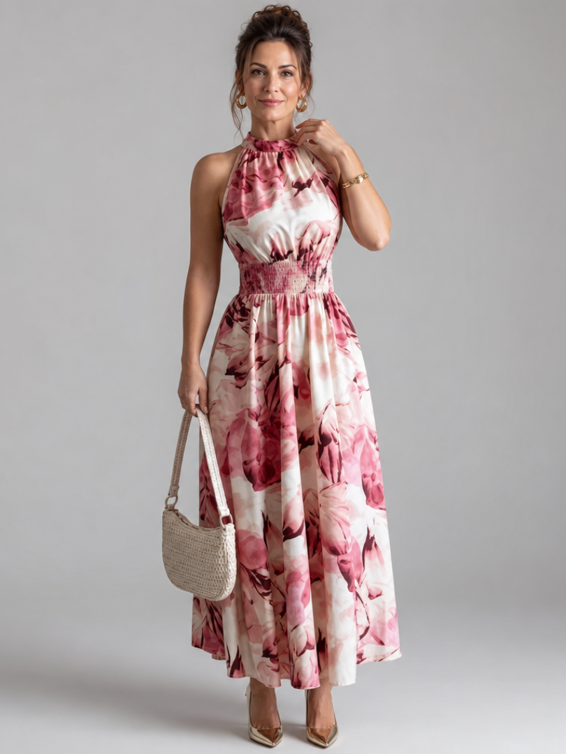Olivia | Geplooide Taille Abstracte Print Midi Jurk