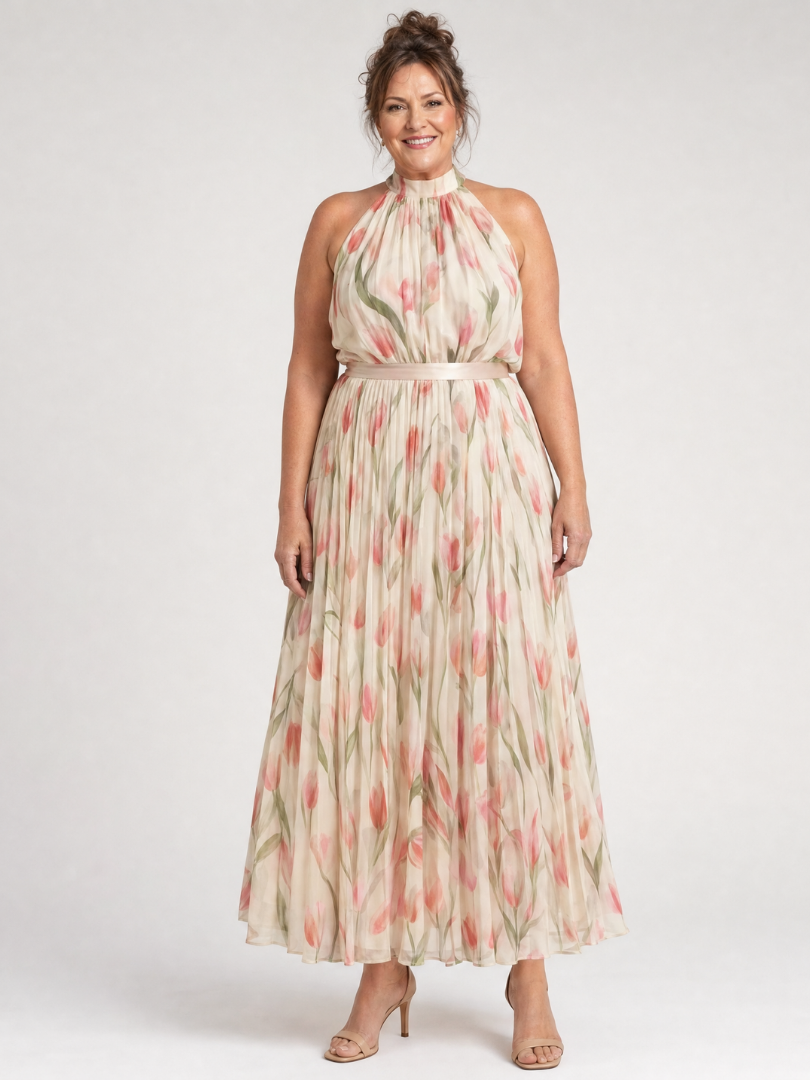Aurelle | Halter Nek Bloemen Midi Jurk