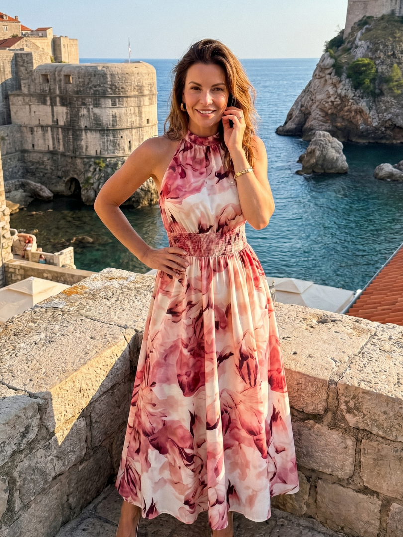 Olivia | Geplooide Taille Abstracte Print Midi Jurk