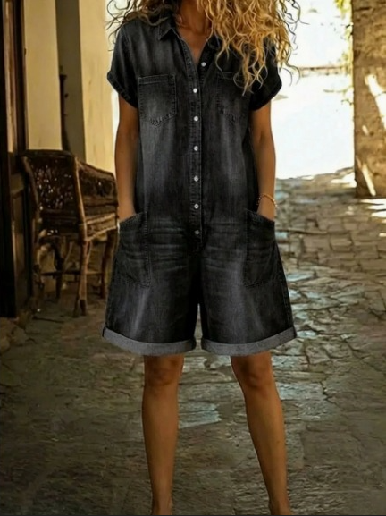 Elvora | Denim Playsuit met Kraag en Korte Mouwen