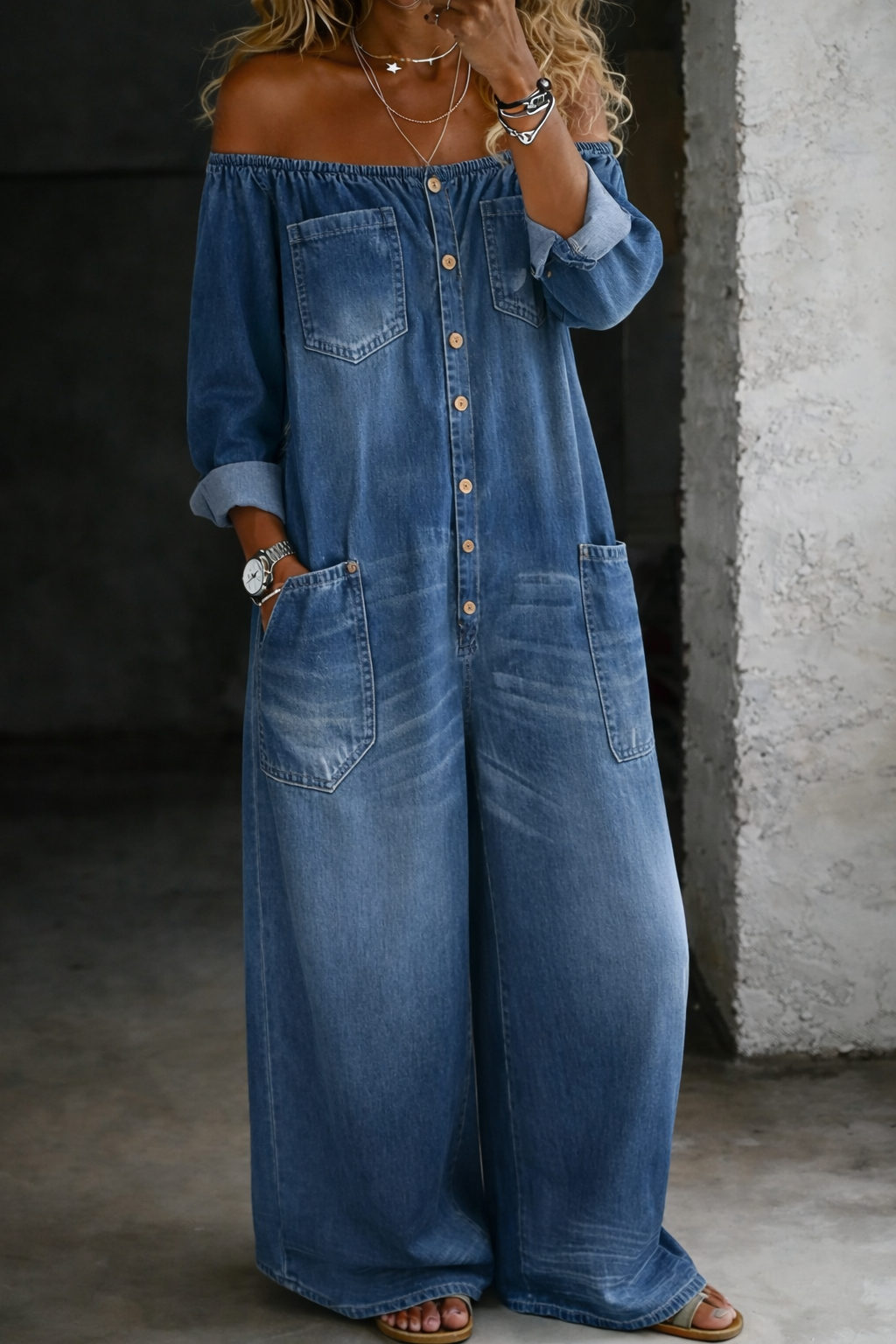 Elena | Off Shoulder Lange Mouwen Jumpsuit