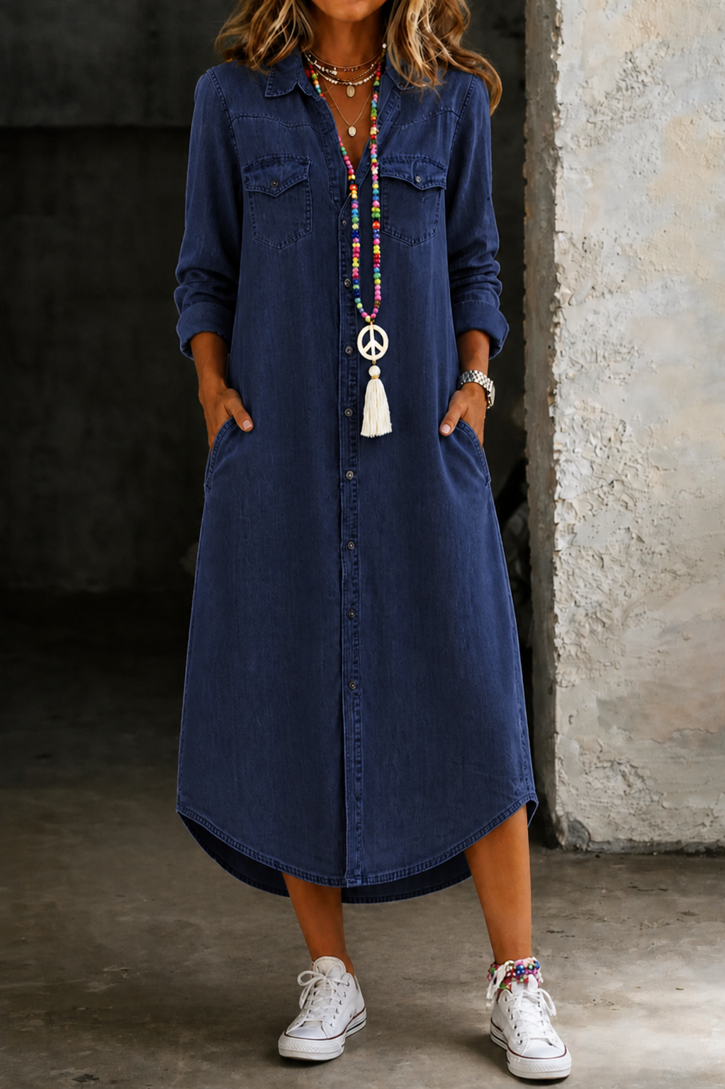 Helen | Casual Elegante Lange Denim Shirt Jurk
