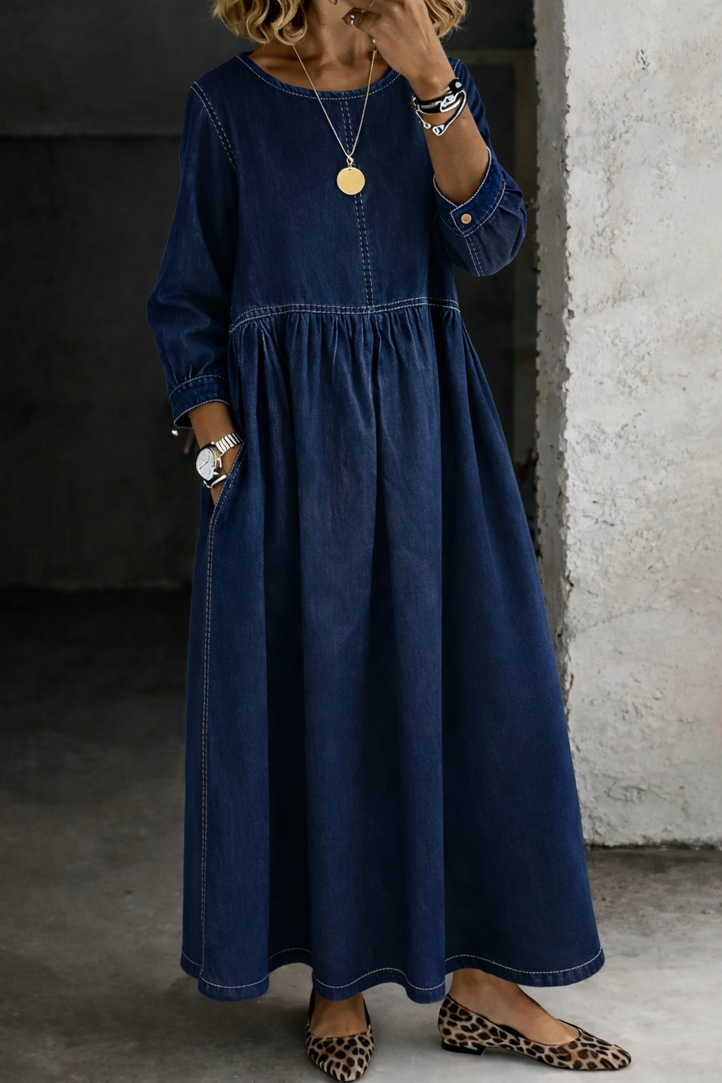 Melissa | Ronde Hals Lange Mouwen Denim Jurk
