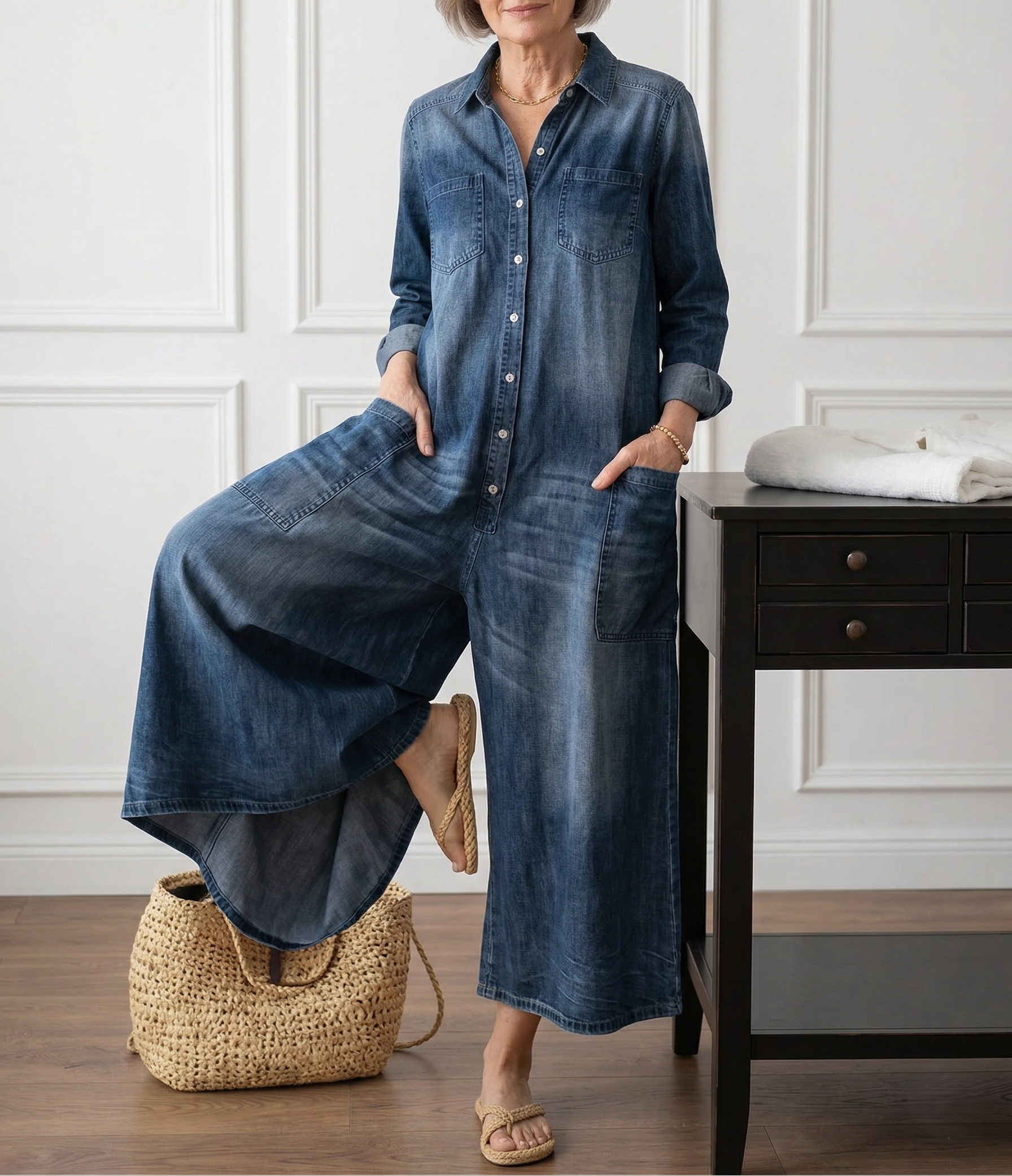 Saylor - Vintage Gewassen Zachte Katoenen Denim Jumpsuit met Knopsluiting