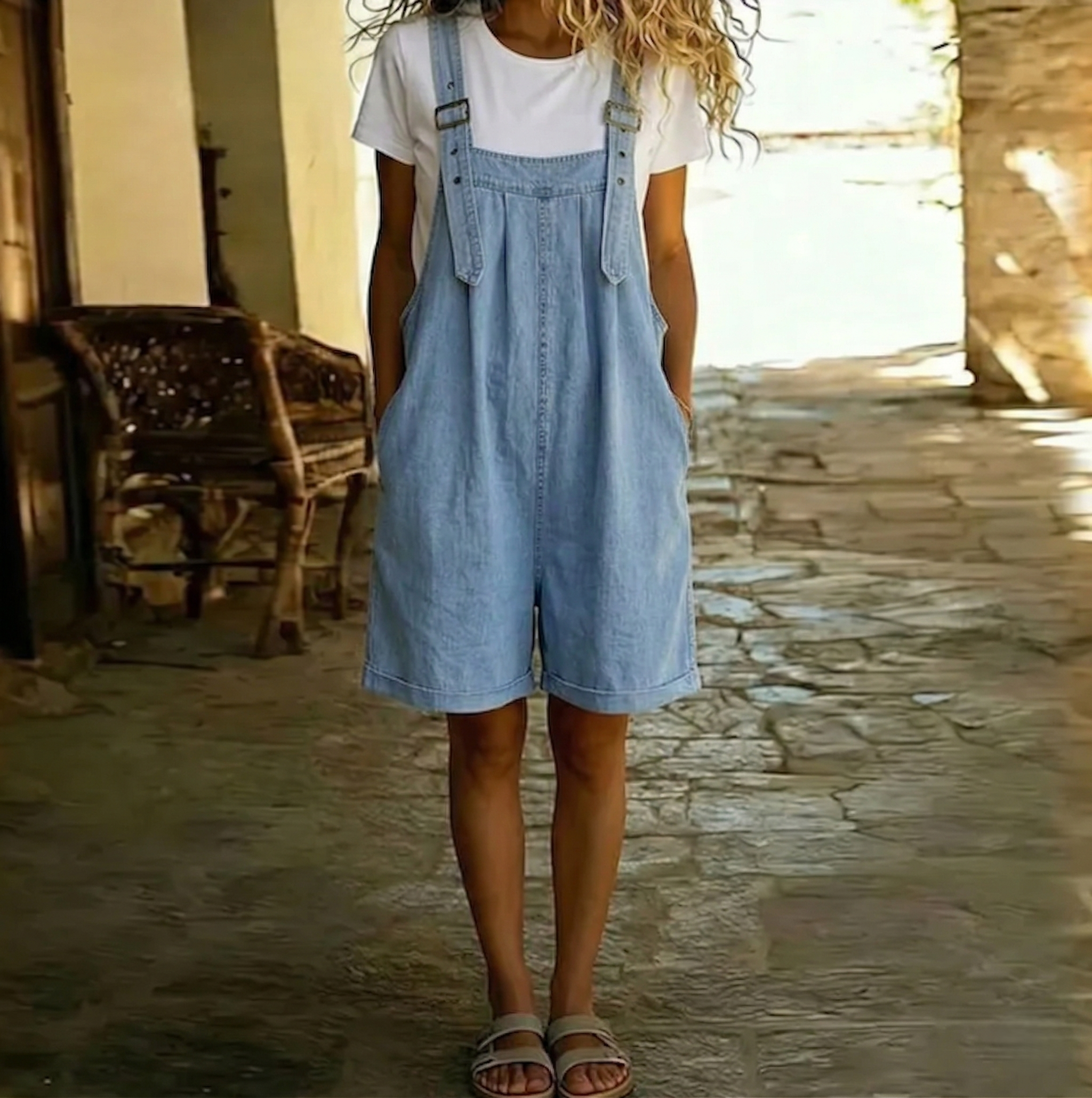 Michelle - Vintage Gewassen Zachte Katoen Voel Denim Korte Overall Lichtblauw
