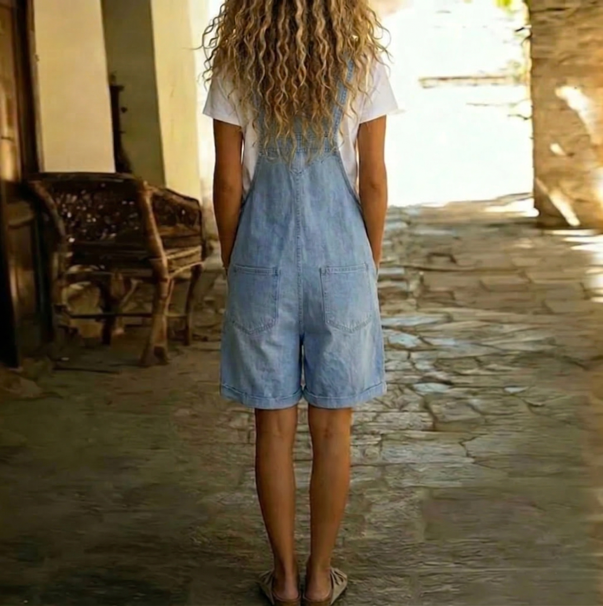 Michelle - Vintage Gewassen Zachte Katoen Voel Denim Korte Overall Lichtblauw