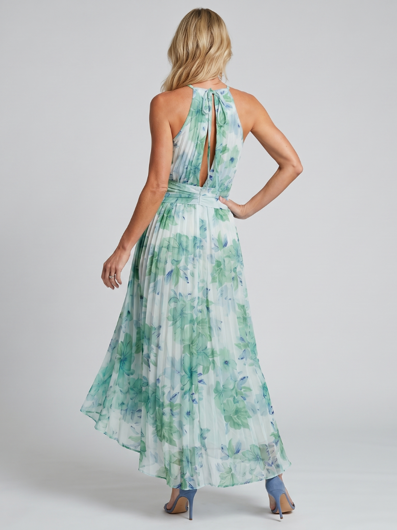 Portia | Geplooide Halter Zachte Bloemenpatroon Midi-jurk
