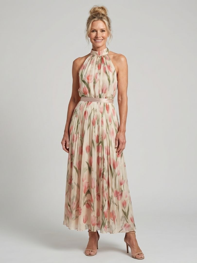 Aurelle | Halter Nek Bloemen Midi Jurk