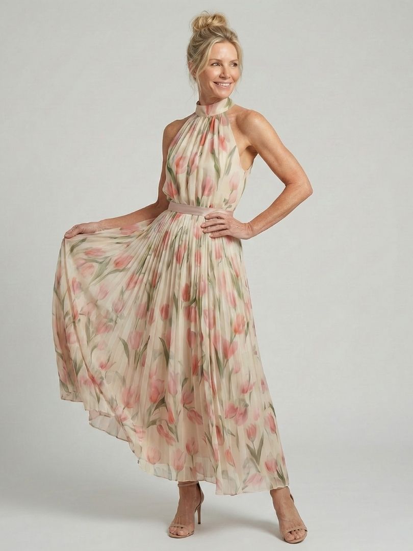 Aurelle | Halter Nek Bloemen Midi Jurk