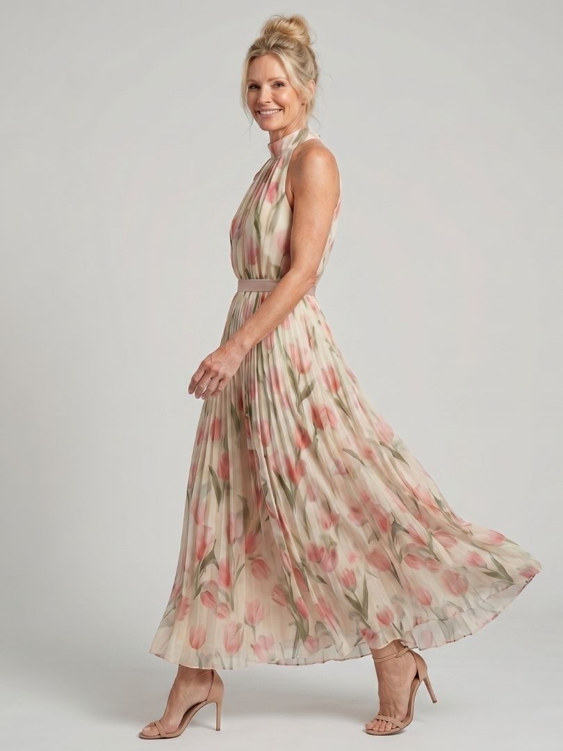 Aurelle | Halter Nek Bloemen Midi Jurk
