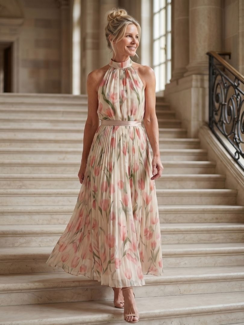 Aurelle | Halter Nek Bloemen Midi Jurk